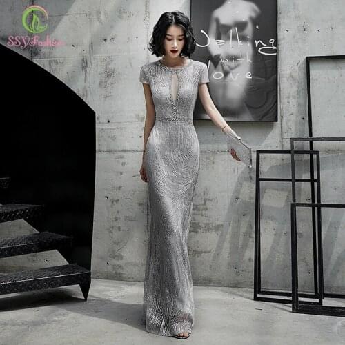 SSYFashion New Mermaid Evening Dress Banquet Elegant Grey Slim Sexy Sequins Beading Long Formal Gown Vestidos De Noche