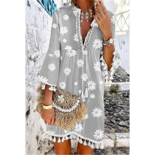 2021 Print Bohemian Women Dress Three Quarter Sleeve Women Dress Loose Waist Placket Lace Up Tassel Lady Dress