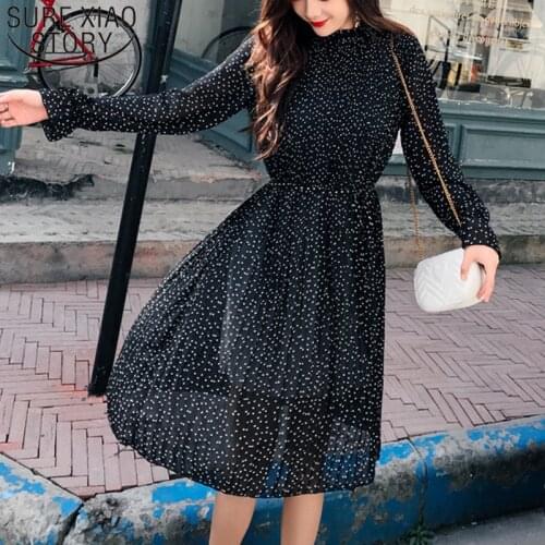 2020 Spring and Autumn New Long Sleeve Mid-calf Dress Women Dot Chiffon Dress Joker Long Pleated Dresses Party Dresses 7160 50