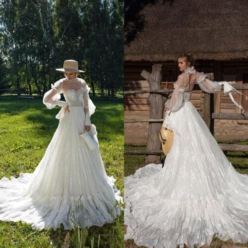 2021 New Wedding Dresses High Collar Long Sleeves Lace Applique Modern Bridal Gowns Custom Made Sweep Train A-Line Wedding Dress