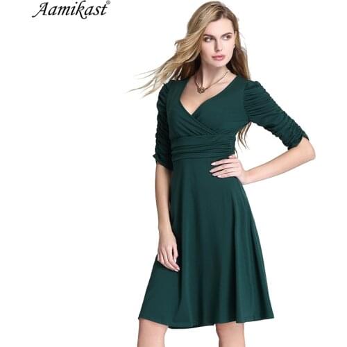 2021 Autumn Winter Dress Women Three Quarter Sexy V-Neck Casual Pleated Tunic Office Knitted Dresses Vestidos De Festa