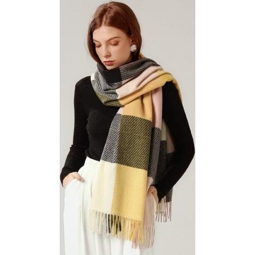 Winter Fashion Plaid Cashmere Scarf Women Luxury Warm Thick Shawls With Tassel Autumn Office Hijabs Foulard Scarves PJ156