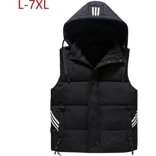 Winter Vest Plus Large Size 7xl Hat Detachable Men Cotton-Padded Waistcoat Thicken Parka Unloading Sleeveless Jacket Travel Vest