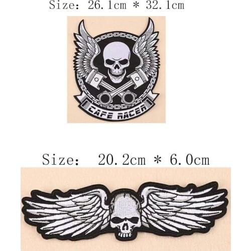 1pcs hot sale full back embroidery patch iron on sew on decoration stickers skull head patch wings badge