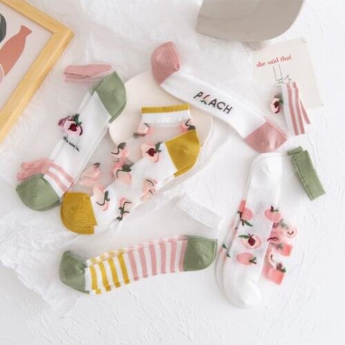 2021 Spring And Summer New Glass Silk Ins Wind Kawaii Socks Female Japanese Cartoon Peach Card Silk Ladies Socks Cotton Stocks