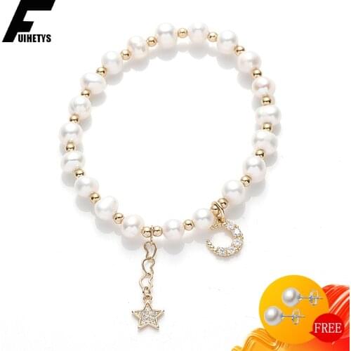 BaliJelry Trendy Sliver Women Bracelet Freshwater Pearl Zircon Gemstone Moon Star Shape Jewelry Accessories Bracelets Wedding