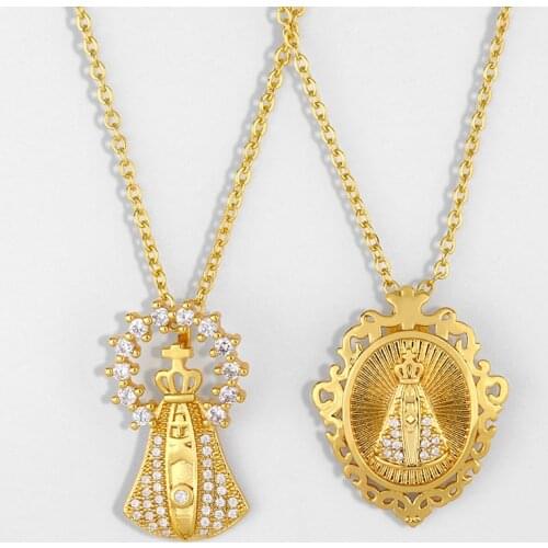 FLOLA Virgin Mary Pendant Necklace For Women Saint Jesus Crown Cross Necklace Gold Zirconia Religious Christian Jewelry nker15