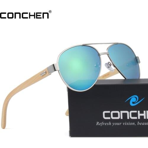 CONCHEN Classic Wood Sunglasses Pilot Metal Frame Bamboo Sunglasses Men Aluminum Driving Luxury Shades UV400 gafas de sol mujer