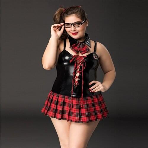 DUOJIAOYAN plus size pure girls jumpsuit grid PU one piece Role playing costume Lady women sexy uniform Student