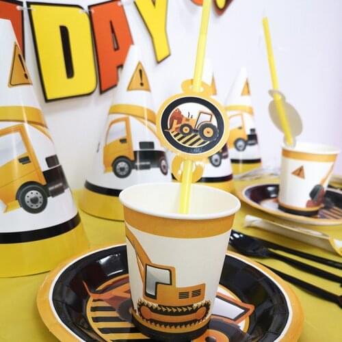 Construction Vehicles Excavator Party Decorations Paper Cup Plate Banners Baby Shower Balloons Kids Birthday Party Supplies AW06