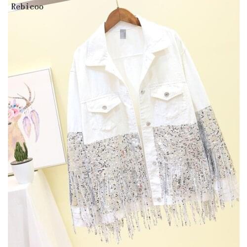 Autumn Fashion Punk Black Sequins Jacket Beading Tassels Women Jeans Coat Cool Streetwear White Denim Jackets Female Tops