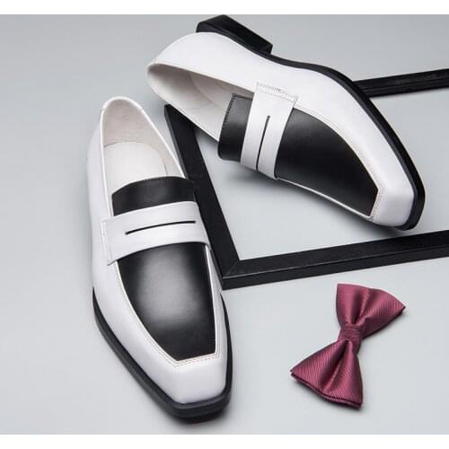 Trendy Men Classical Black And White Slip On Formal Dress Shoes Oxfords Man Freely Square Toe Thick Heels 3 CM