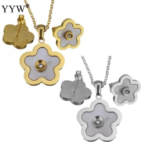 Fashion Stainless Steel Jewelry Sets Rhinestone Earring & Necklace White Shellchain Flower Plated Oval Chain Neckalce