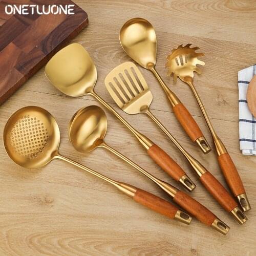 Gold Cooking Utensils Set, Stainless Steel 7 Pieces Kitchen Utensils Set,With Utensil Holder, Dishwasher Safe, Easy to Clean
