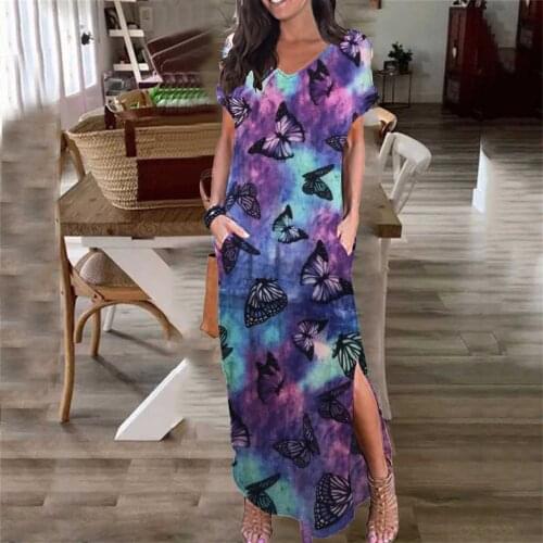 Butterfly print Dresses For Women Summer Beach Pullover Maxi Long Dress Boho Open Fork Sundress Ladies Loose Slip vestidos