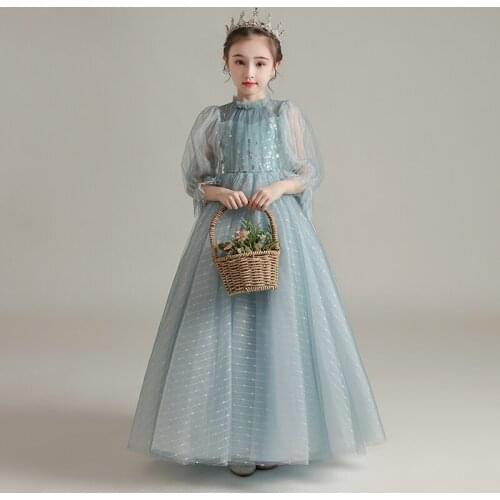 Luxury Blue Flower Girls Dresses Princess High Full Lace Sequined Elegant Ruffles Ball Gown Floor-Length Kids Party Dress H001