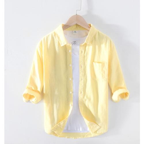 2020 New Yellow Shirt Men Three Quarter Sleeve Slim Fit Clothing Pure Cotton Basic Classic Tops Y2710