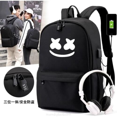 DJ Marshmello USB Backpack School Book Bags Fans Travel Bags Laptop Chain Backpack Headphone Port Waterproof Laptop bags
