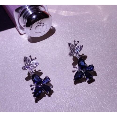 Real 925 Sterling Silver Double Blue/White Butterfly Earrings Fashion Jewelry AAAAA Austrian Crystal Stud Earrings for Women