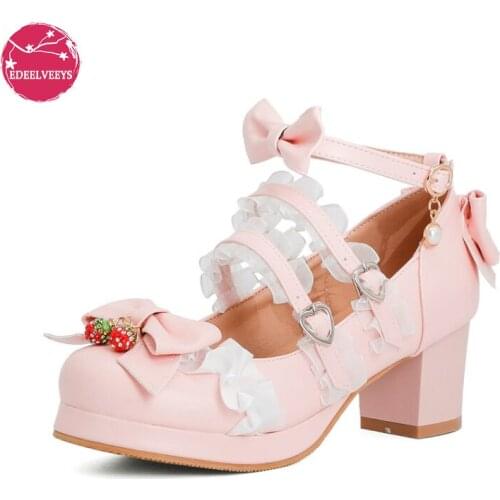 Women Fashion Sweet Bownot Lolita Shoes Block Heels Strawberry Ankle Strap Platform Lace Men Maid Mary Jane Pumps Big Size 34-48