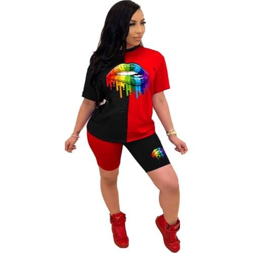 Kalenmos Summer Women Fashion Rainbow Lip Print Sportswear Top Shorts 2pc Set Ladies Casual Pullover Short Sleeve T-Shirt