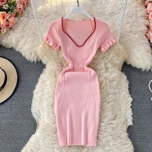 Women Sweet Knitting Dress Summer V Neck Ruffles Short Sleeve Mini Pink Dresses Ladies Elegant Bodcyon Short Robe Vestidos Mujer