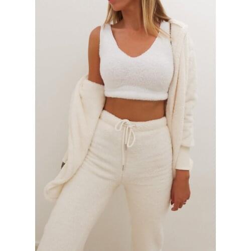 Women Pajamas Trousers 3-piece Plush Warm Spring Sexy Sleepwear Winter New Style Nightwear Long Sleeve V Neck Pijama