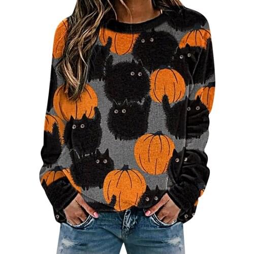 Femme Halloween Printing Sweatshirts Top Casual Loose Long Sleeve Pullover Brief Blouse Soft High Street Sweater Street Blouse