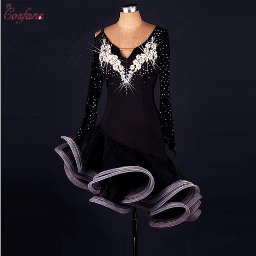 Women latin dance clothes for women latin dance Embroidery long sleeves dress girls latin dance dress Cha-cha dance dress new