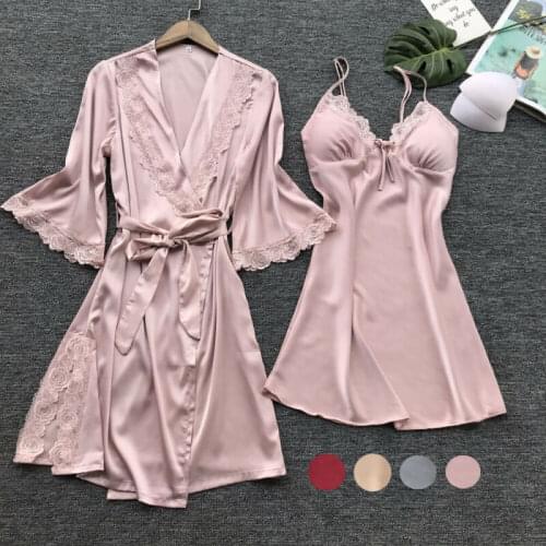 New Trendy Solid 3Pcs Womens Sexy Silk Satin Pajamas Robe dress Lingerie Sleepwear Nightwear set Padded Fashion Suits Sleepwear