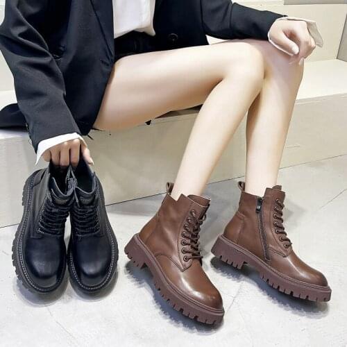 Genuine Leather Ankle Boots Women Black Platform Boots Lace-up Straps Punk Motorcycle Boots Autumn/winter Boots for Women