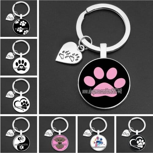 Cute Animal Paw Print Glass Keychain I Love Cat and Dog Pendant Key Ring Lovely Cat Print Car Key Chain Gift for Girl and Man
