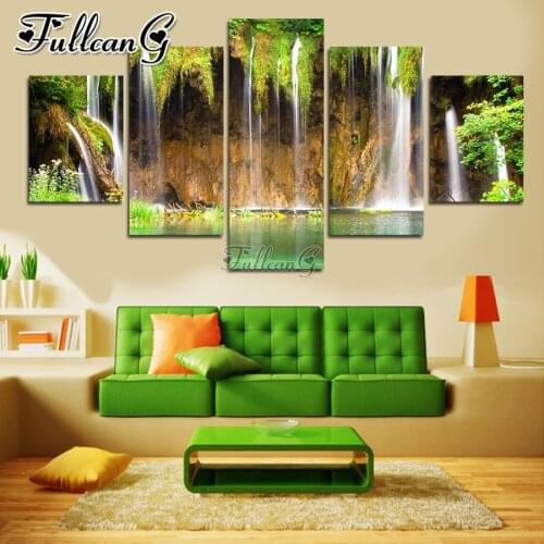 FULLCANG natural scenery waterfall 5 piece diy diamond painting full square round drill mosaic embroidery sale home decor FC3596