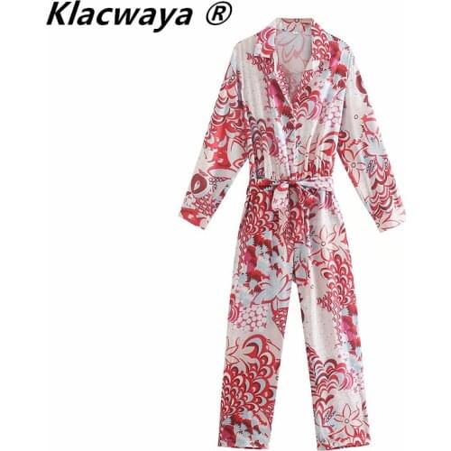 Klacwaya Vintage Woman Red Print Sashes Jumpsuits 2021 Casual Female High Waisted Jumpsuit Ladies Floral Beach Rompers