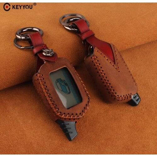 KEYYOU B9/B6 Leather Car Key Case Keychain Fob For Starline B9 B6 A91 A61 Remote Controller LCD Key Case 2 Way Car Alarm