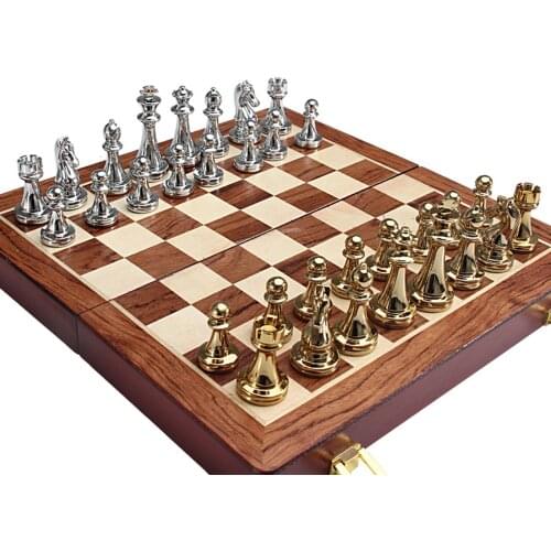 Metal Glossy Golden & Silver Bronze Chess Pieces Solid Wooden Folding Chess Board High Quality Professional Chess Games Set