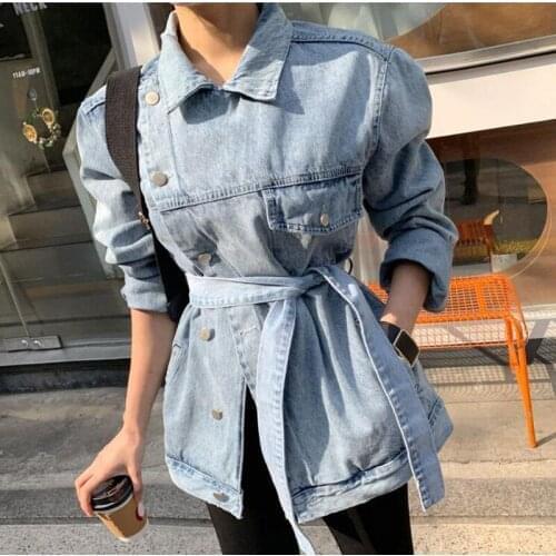 New 2020 Spring Autumn Womens Denim Jackets Casual Turn-down Collar Sashes Streetwear Asymmetrical Jeans Tops CL630