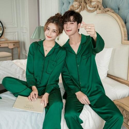 Autumn Elegant Green Couples Pajamas Sets Women Korea Fashion Satin Silk Noble Sleepwear Women Sexy Long Sleeve Pyjamas