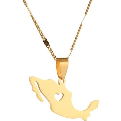 Stainless Steel Gold Color Mexico Map Pendant Necklace Mexican Maps Heart Chain Jewelry