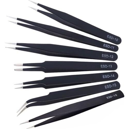 6PCS Anti-static ESD Stainless Steel Tweezers Maintenance Tools Industrial Precision Curved Straight Tweezers Repair Tools