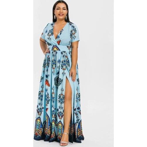 Plus size dresses for women 4xl 5xl 6xl Women tunic sexy v neck high waist printed slit maxi dress Large size summer clothes
