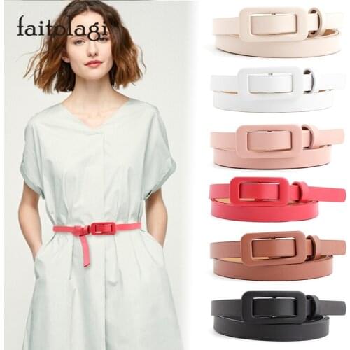 PU Leather Narrow Thin Women Waist Belt for Jeans Rectangle Buckle Ladies Dress Belt Strap Black Red White Brown Female Belt