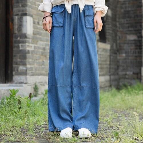 Thin Tencel Denim Wide-leg Pants Womens Summer 2021 New High Waist Loose Slim Jean Casual Straight Ice Silk Female Pocket Pants