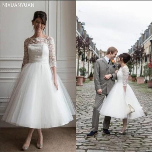 2021 Summer A Line Wedding Dresses 3/4 Long Sleeve Tulle Tea Length Cheap Bridal Gowns