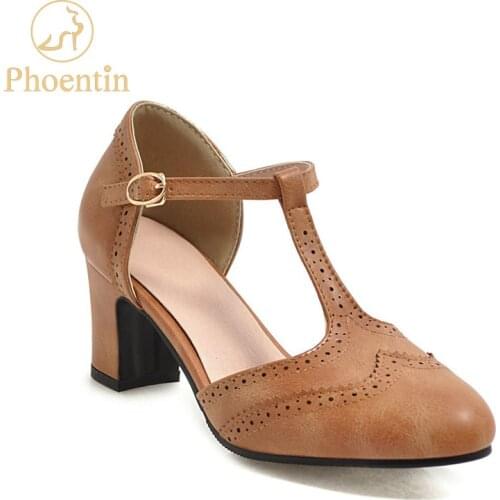 Phoentin brown T strip mary jane shoes PU leather British style buckle pumps women elegant Embossing process footwear FT728