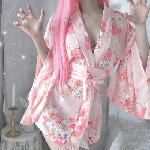 Japanese Temptation Sleepwear Silk Robe For Women Kimono Satin Robe Underwear Uniform Sexy Pink Lingerie Pajamas Kimono Bathrobe