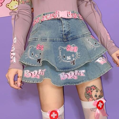 Japanese Cartoon Denim Cake Skirt Women Kawaii Summer Print Hot Girl High Waist Short Skirt Harajuku Sweet Cute Mini Streetwear