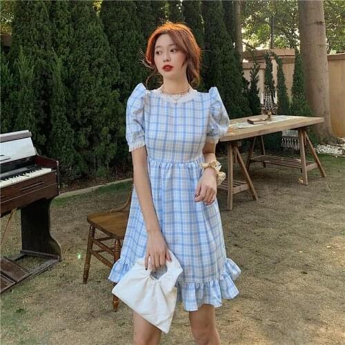 Women Dresses Summer Plaid Stand-Collar Gauze Short Sleeve Dress Womens Clothing Vestido De Mujer Femme Robe
