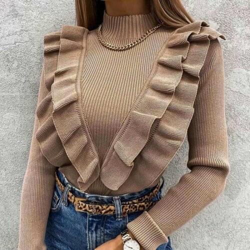 Mock Neck Ruffles Womens Knitted Sweater Long Sleeve Solid Coffee Slim Elegant Office Lady Pullover 2021 Spring Fashion Top New