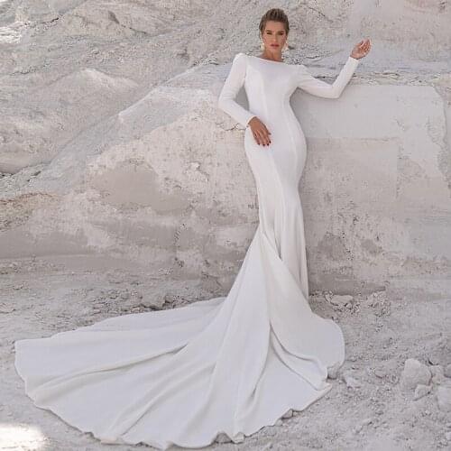 Long Sleeve Mermaid Wedding Dresses 2021 Boat Neck White Simple Bridal Gown For Women Satin Backless Sweep Train Custom Made